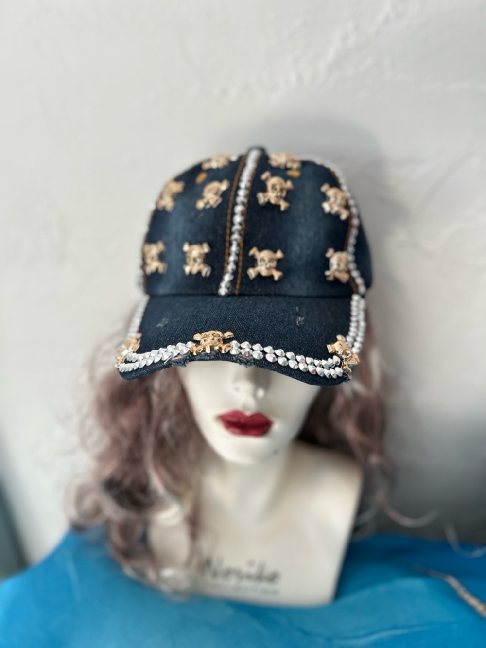 Private Label Black Denim Cap with Gold Skull & Crystal Trim - Picture 2 of 4